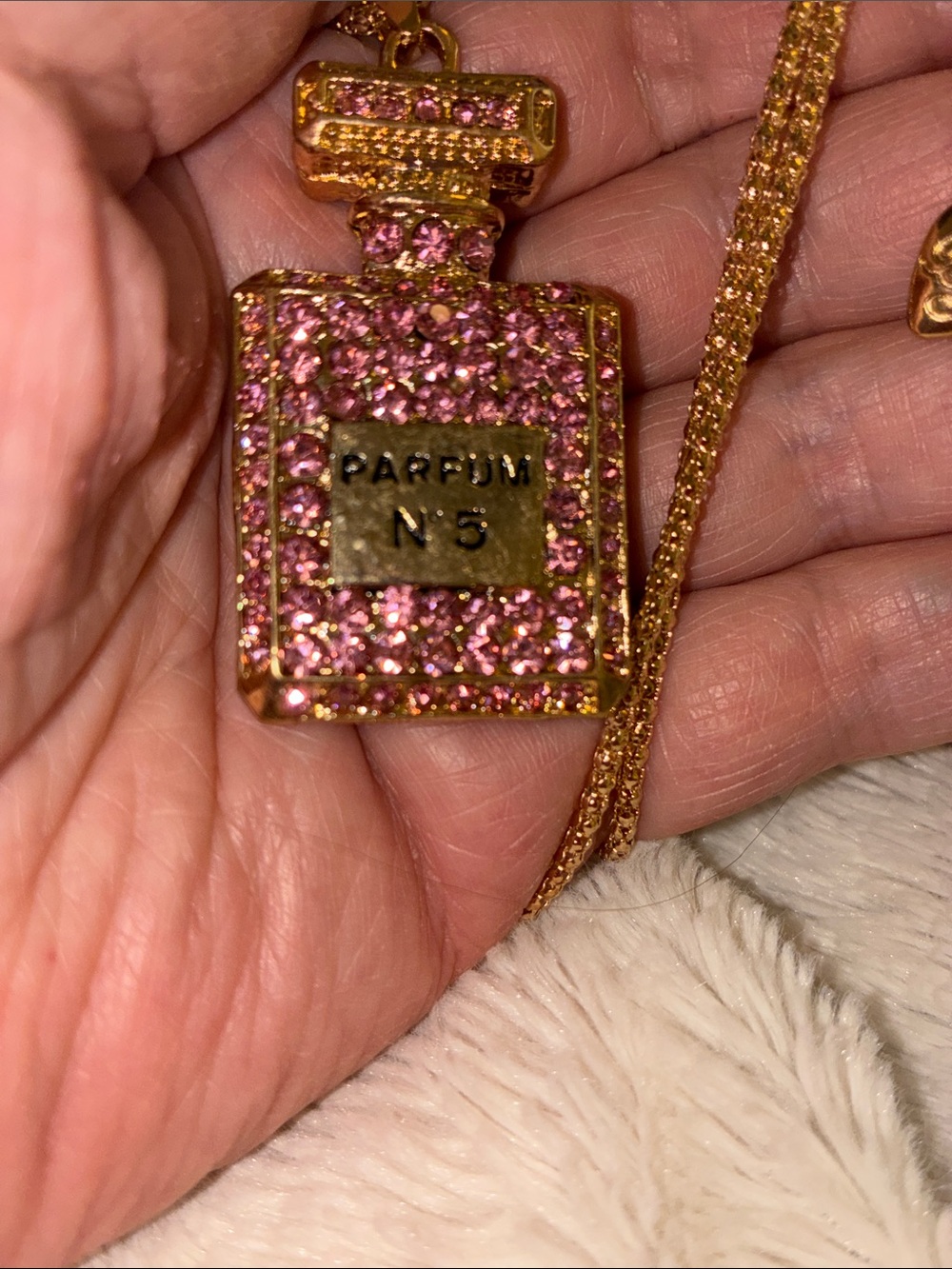 Gold-Tone Pink Crystal Perfume Bottle Pendant Necklace